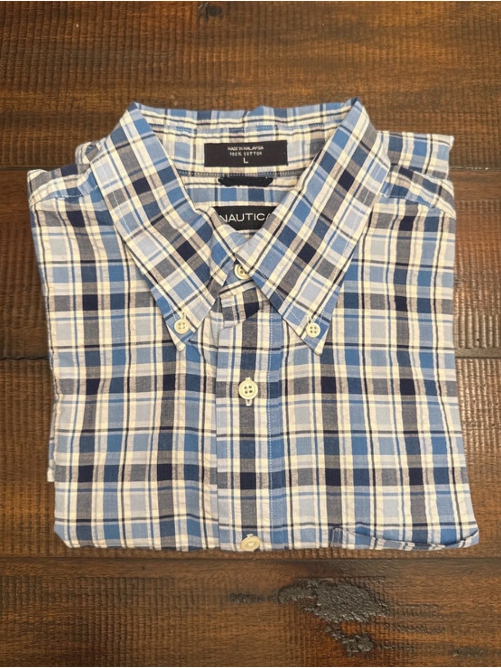 Nautica Light Blue and Navy Plaid Button-Up Shirt
